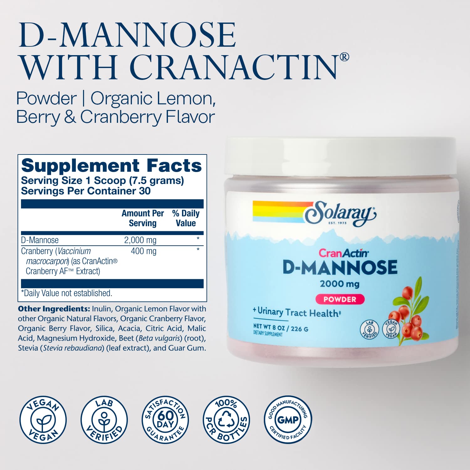 Close-up of product label highlighting 2000 mg D-Mannose and 400 mg CranActin Cranberry AF Extract