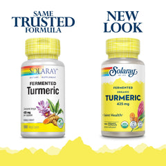 Close-up of SOLARAY Fermented Turmeric Root 500mg bottle packaging with 100 VegCaps