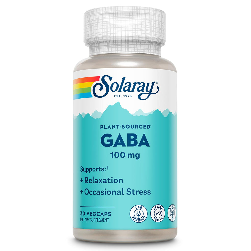 SOLARAY GABA 100 mg plant-sourced vegan capsules bottle close-up