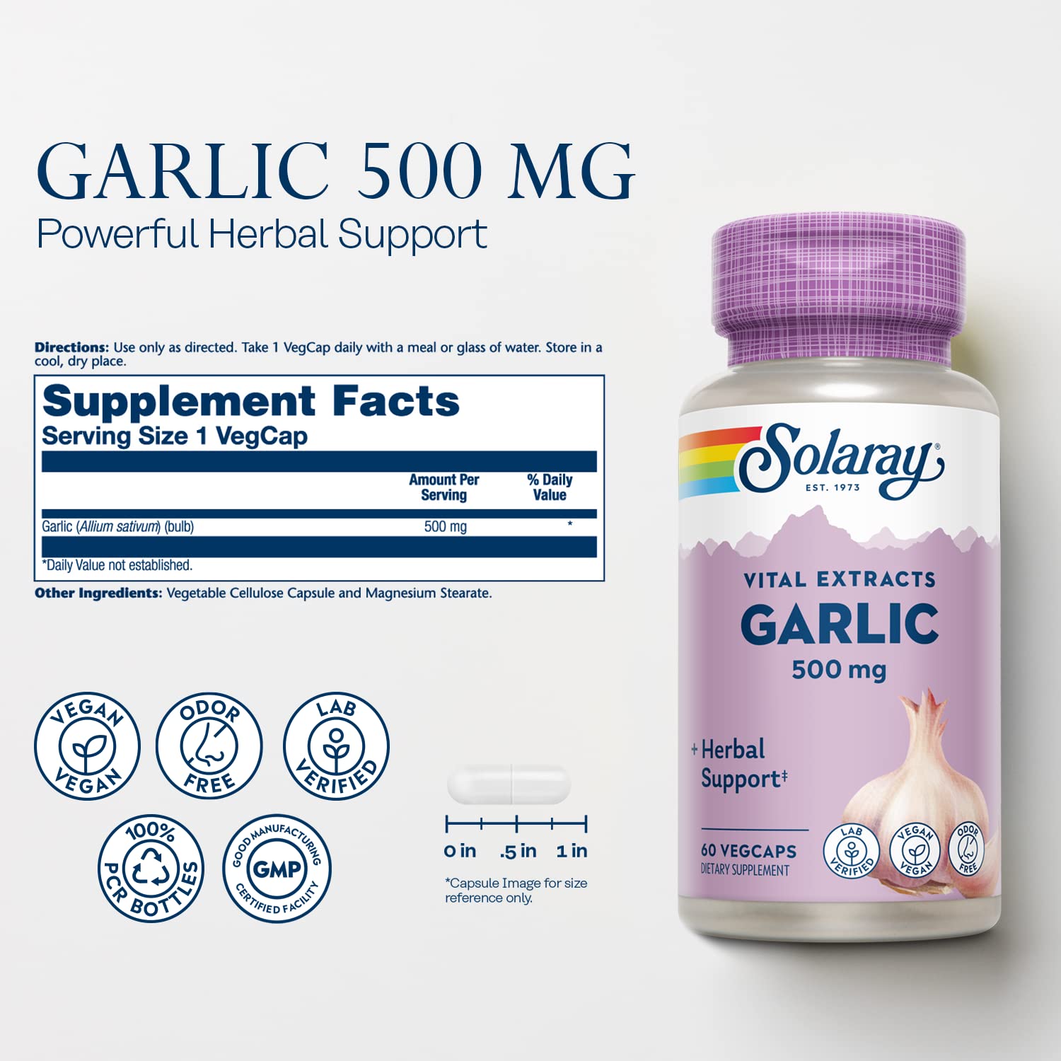 Close-up of SOLARAY odorless garlic extract enteric-coated VegCaps