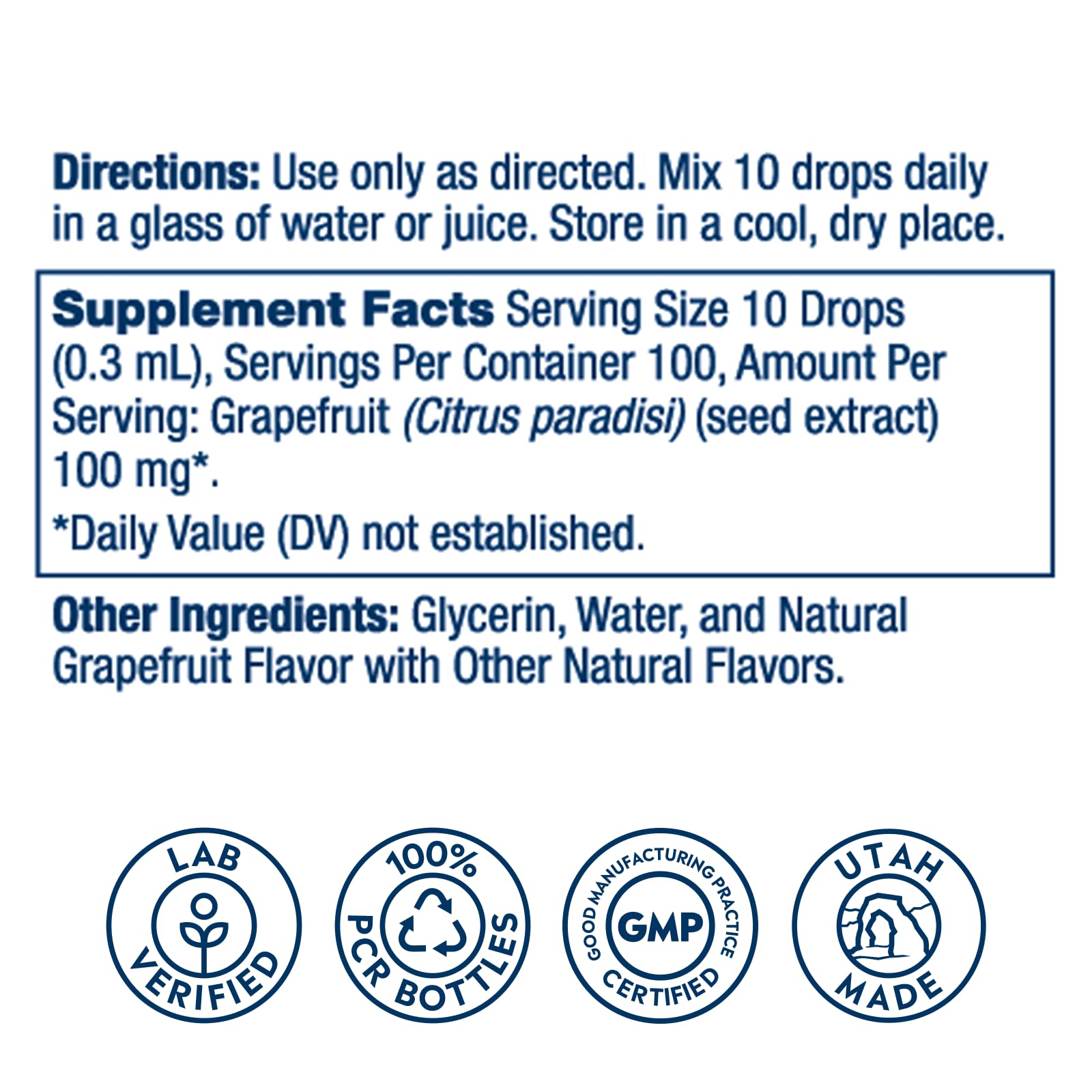 SOLARAY Grapefruit Seed Extract Drops dispensing view shows easy-to-use dropper for mixing with water.