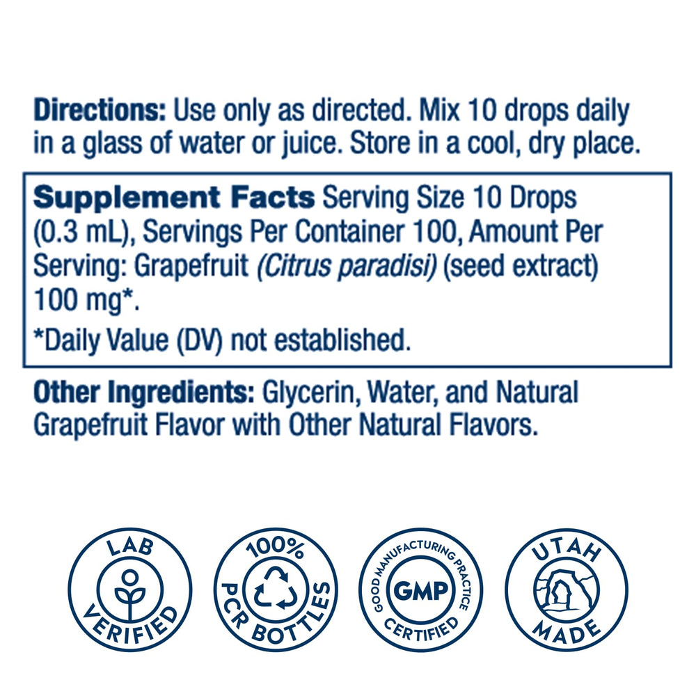 SOLARAY Grapefruit Seed Extract Drops dispensing view shows easy-to-use dropper for mixing with water.