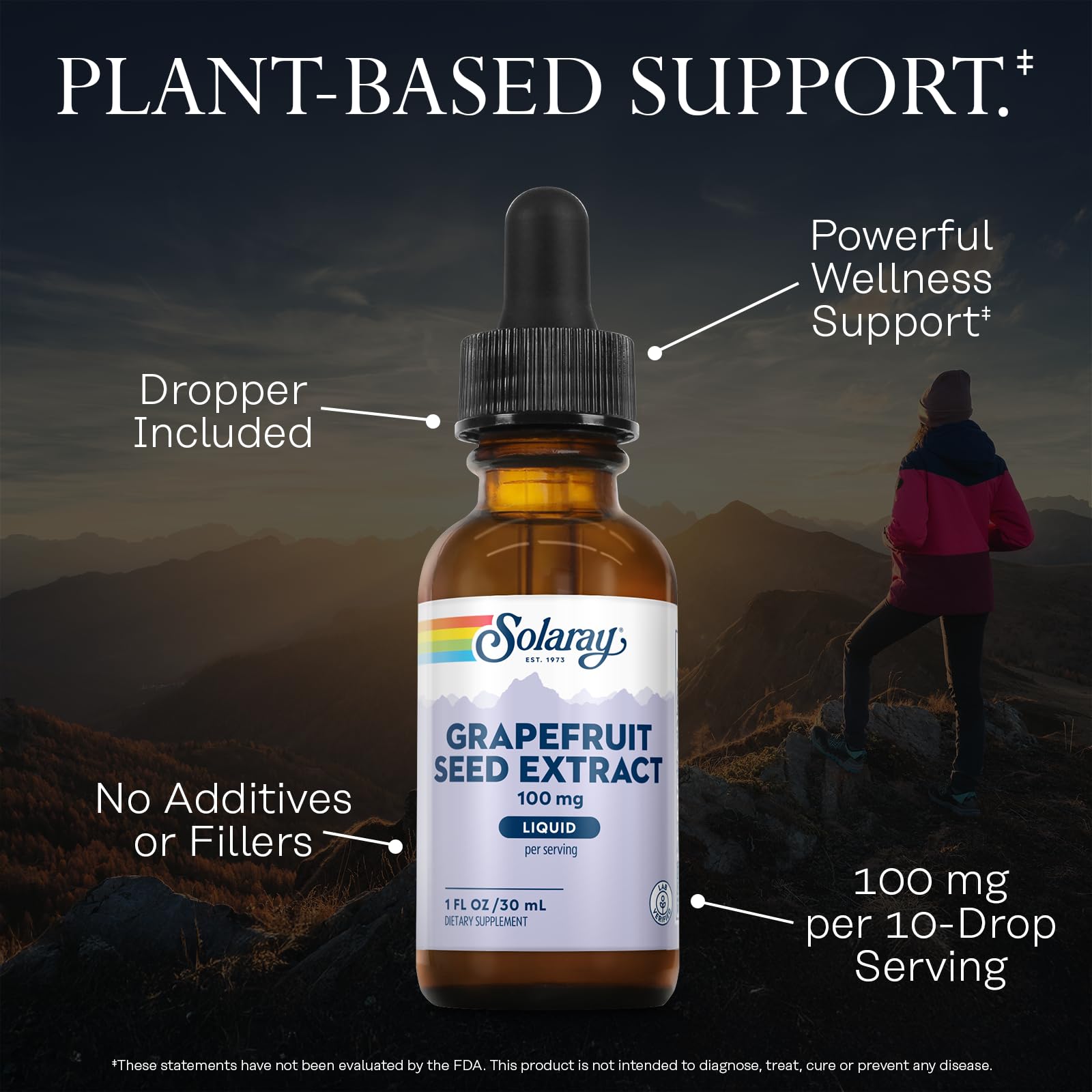 SOLARAY Grapefruit Seed Extract Drops in glass captures effortless addition to drinks for wellness support.