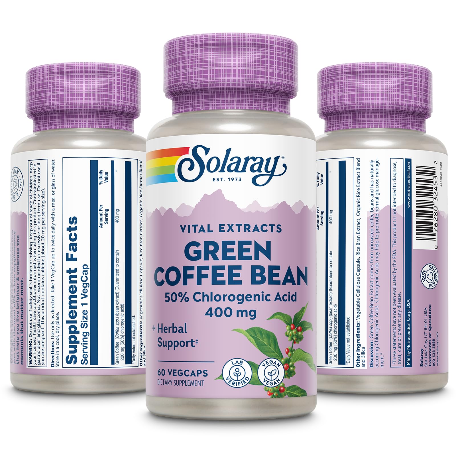 Close-up of SOLARAY Green Coffee Bean Extract label on a bottle