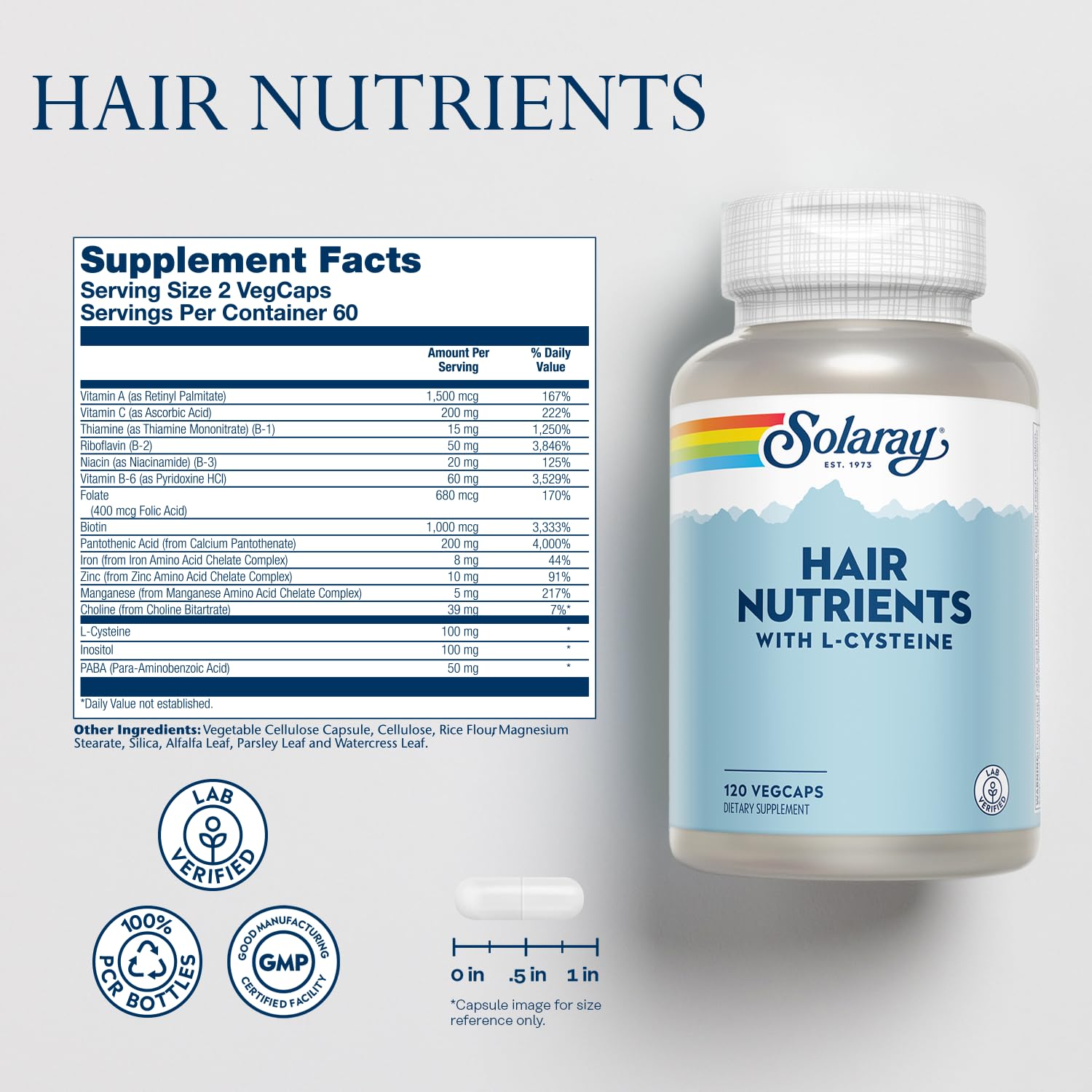Close-up of SOLARAY Hair Nutrients ingredients panel