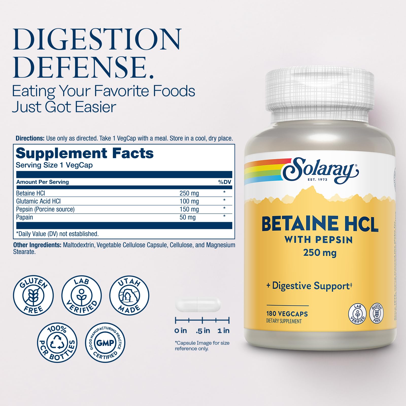 Close-up of betaine HCl and pepsin ingredients