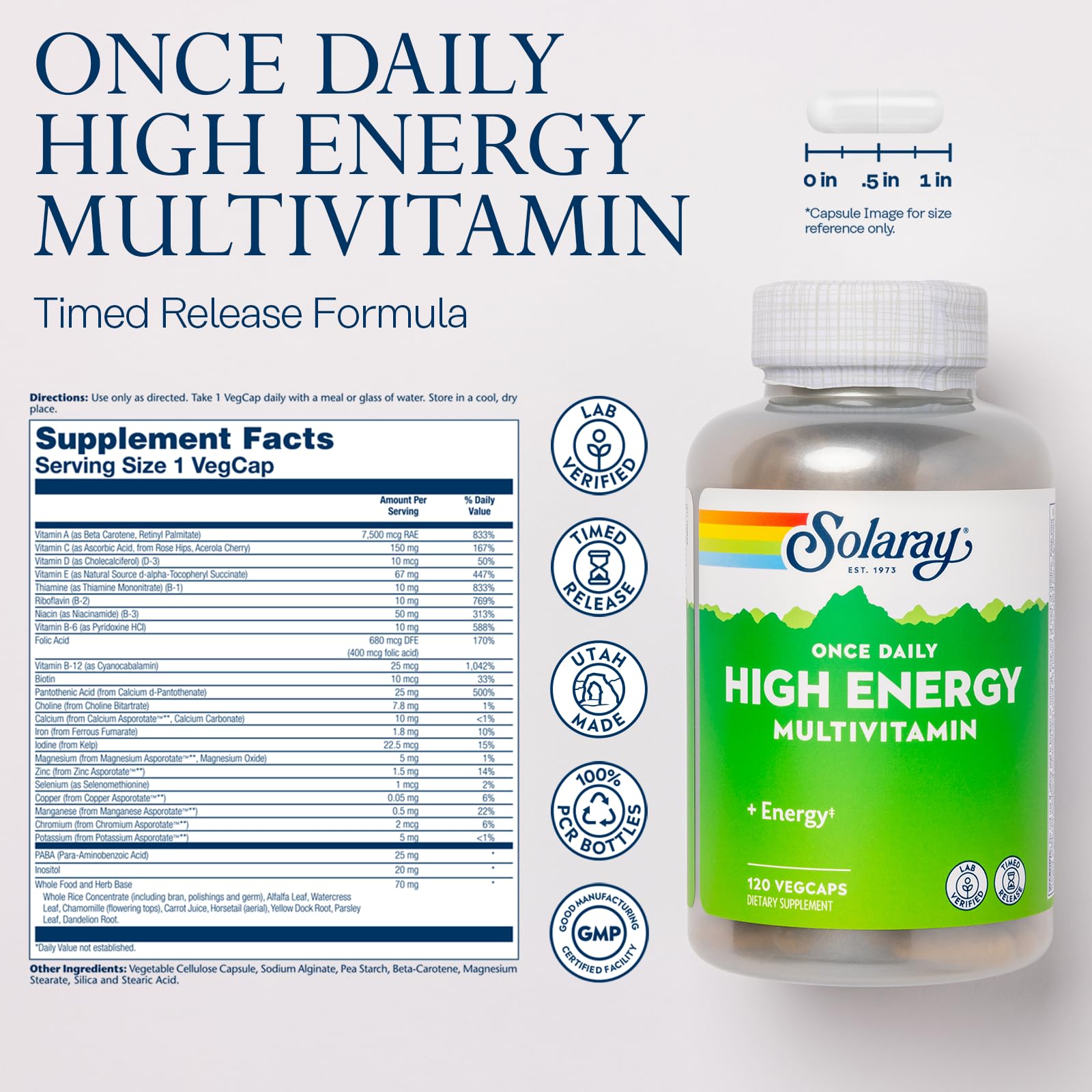 Close-up of SOLARAY High Energy Multivitamin bottle label details