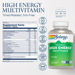 SOLARAY High Energy Multivitamin label showing no iron