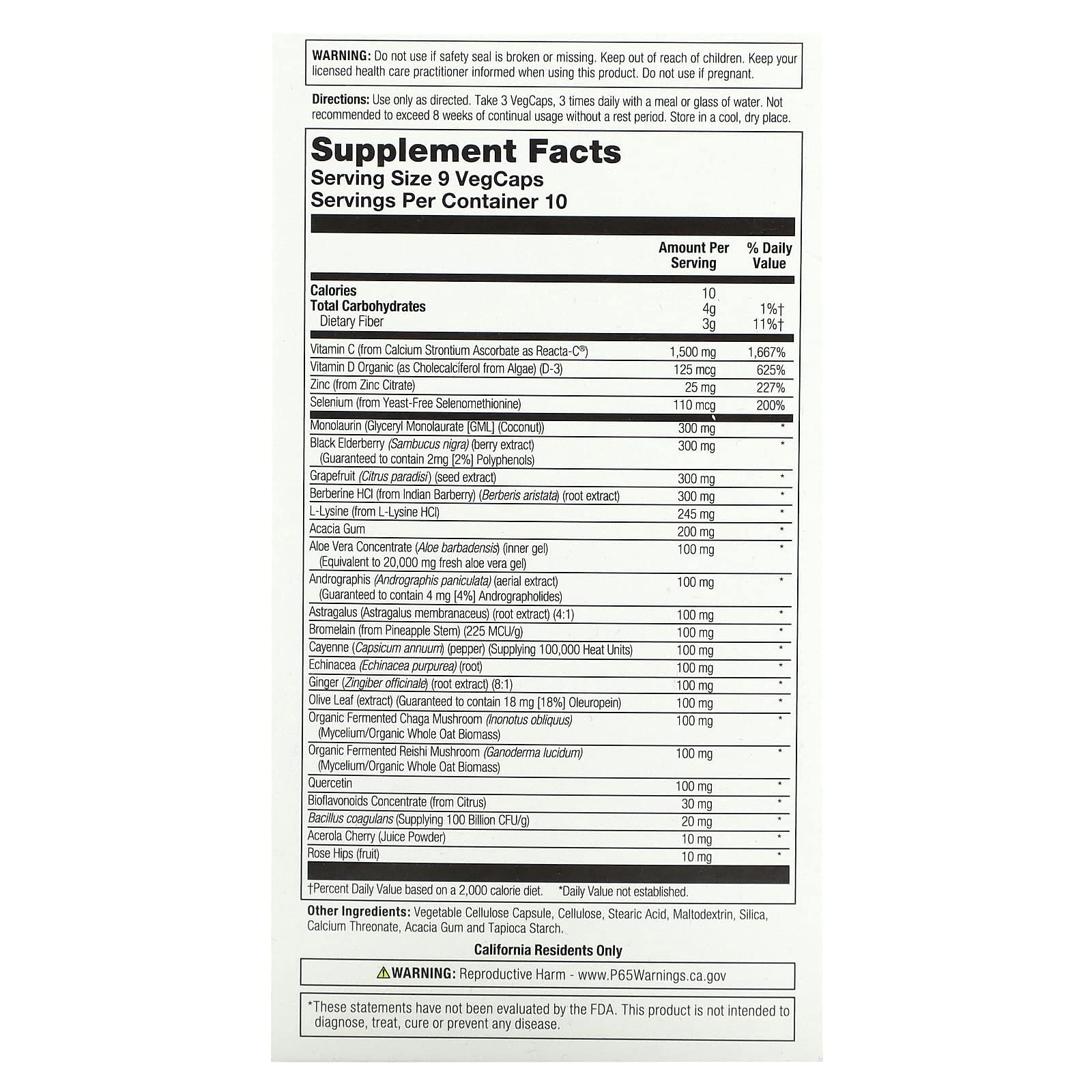 Bottle highlighting key ingredients: vitamin C, vitamin D, zinc and probiotics