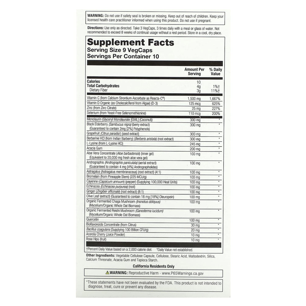 Bottle highlighting key ingredients: vitamin C, vitamin D, zinc and probiotics