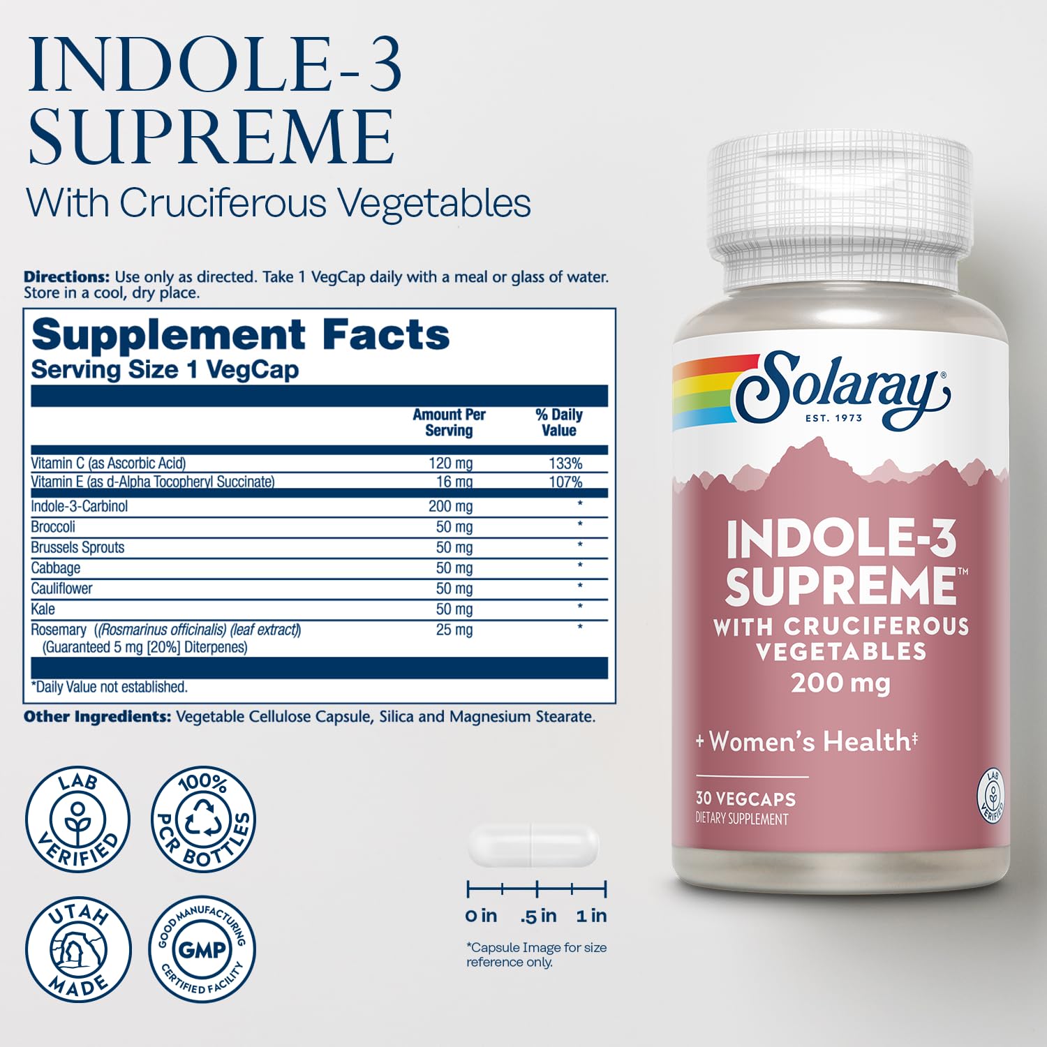 Ingredients panel showing Indole-3 Carbinol and cruciferous vegetables