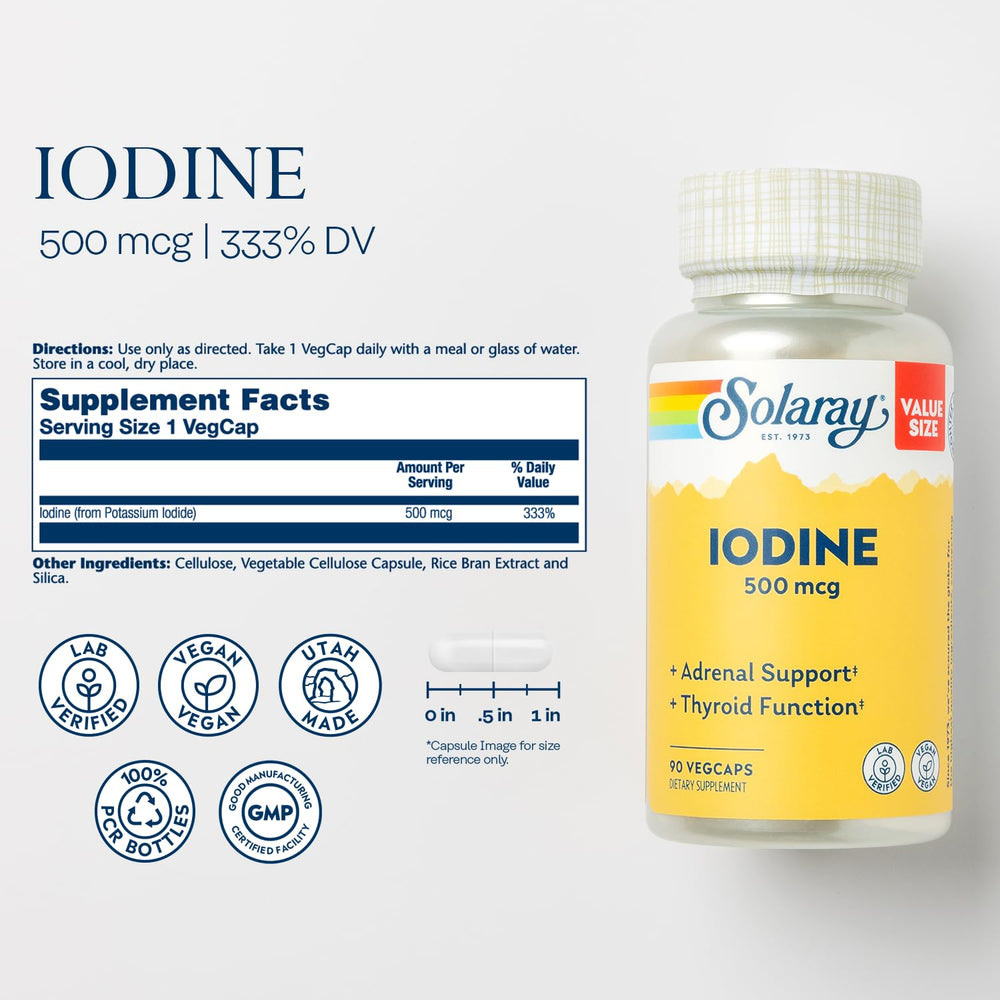 Close-up of Solaray Iodine 500 mcg VegCaps label