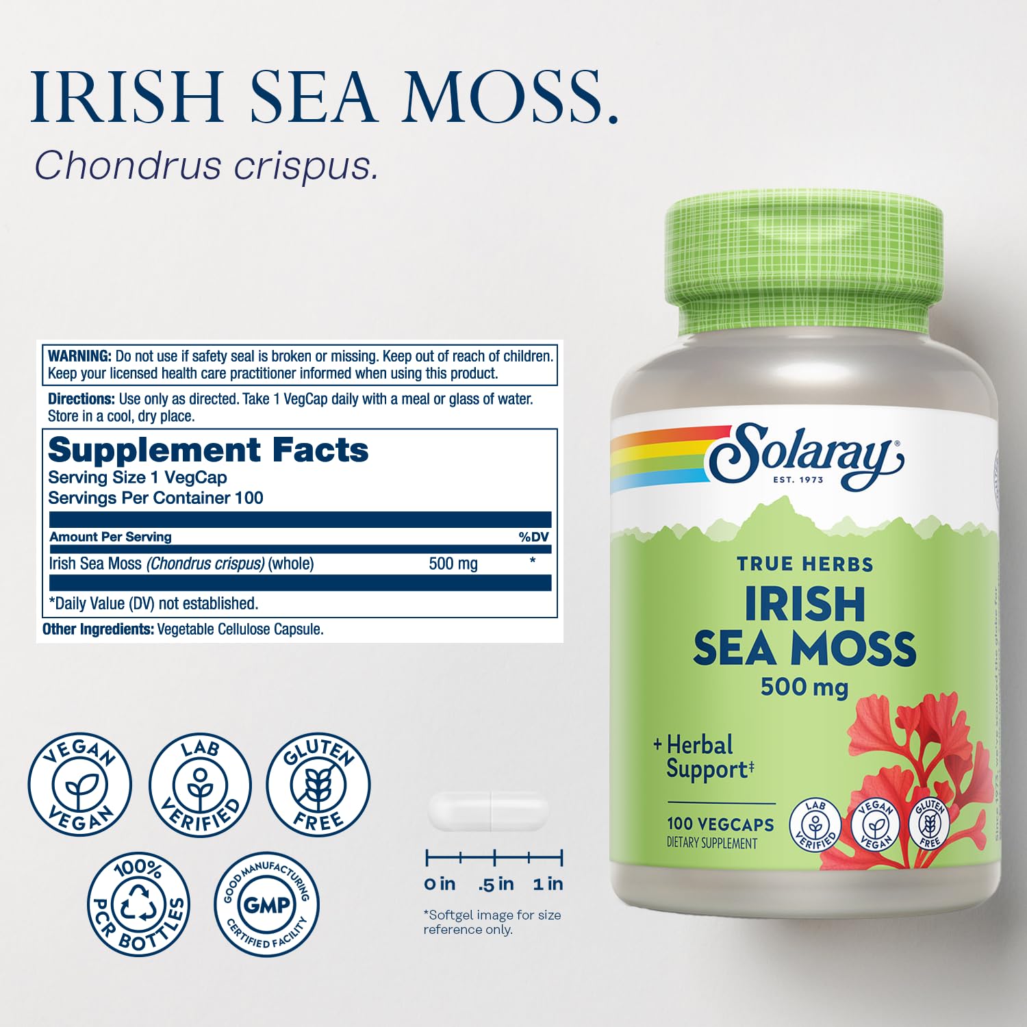 Close-up of SOLARAY Sea Moss bottle and VegCaps