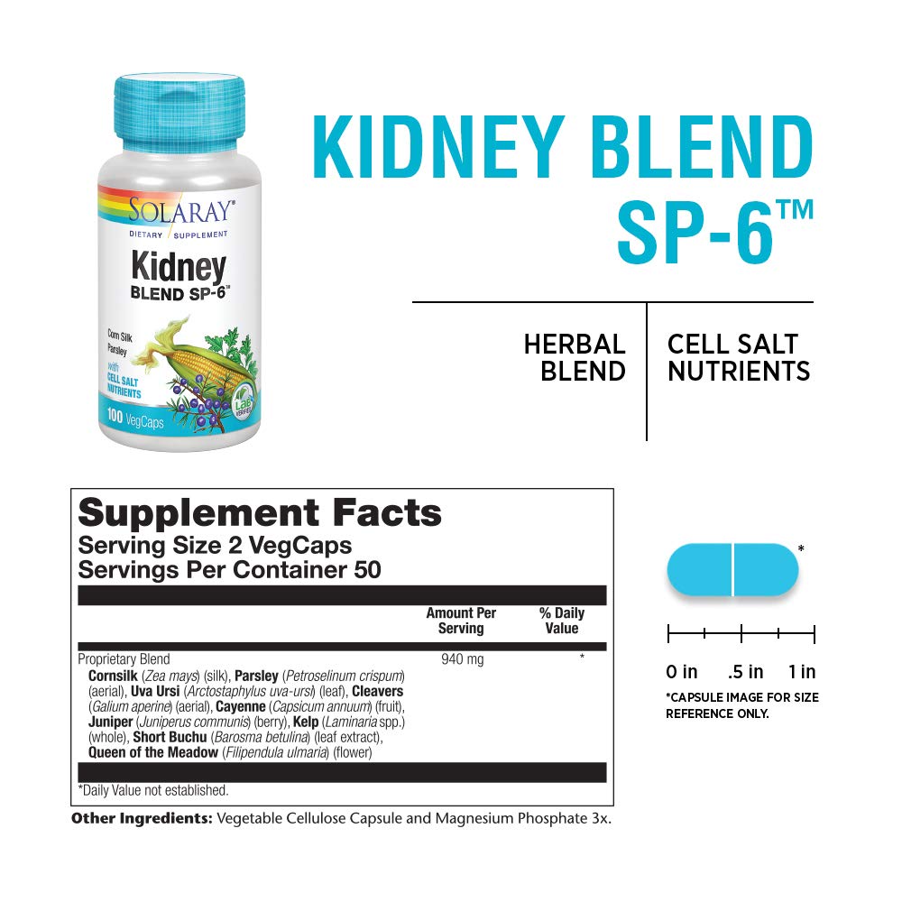 SOLARAY Kidney Blend SP-6 bottle label shows potency and purity verification.