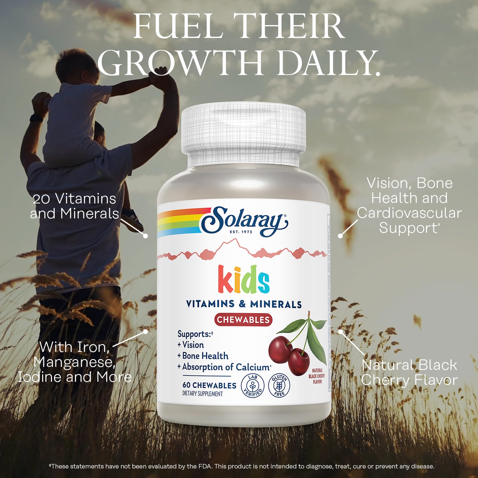 Nutritional facts panel on SOLARAY kids multivitamin bottle