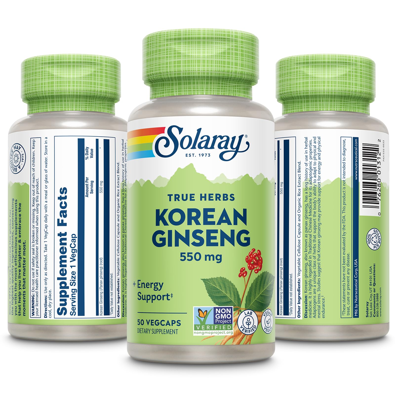 Bottle showing 50 servings vegan capsules