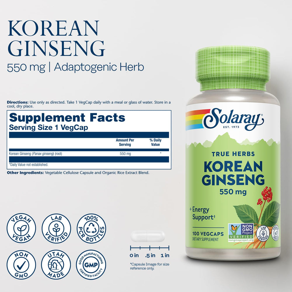Close-up of Korean Ginseng 550 mg capsules