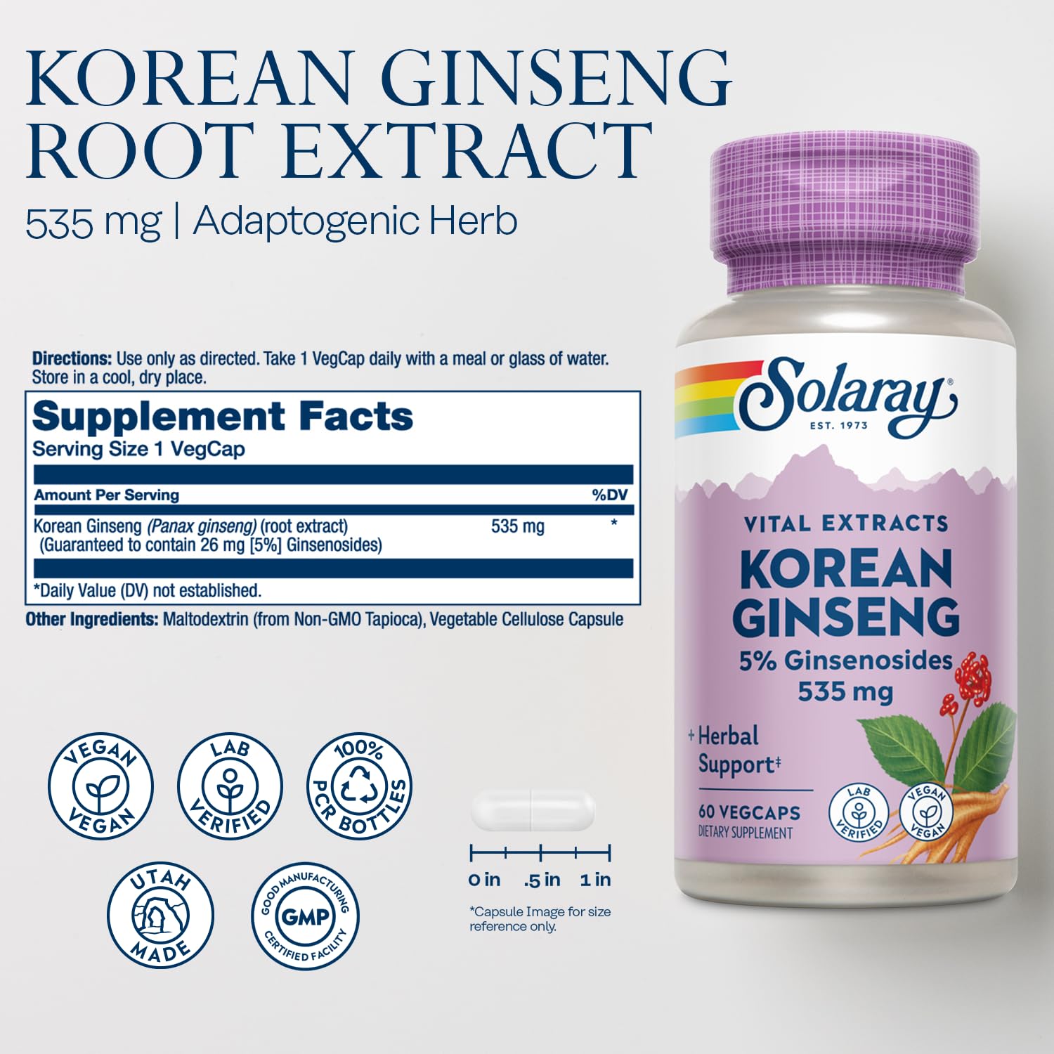 Close-up of SOLARAY Korean Ginseng capsules (60 VegCaps)