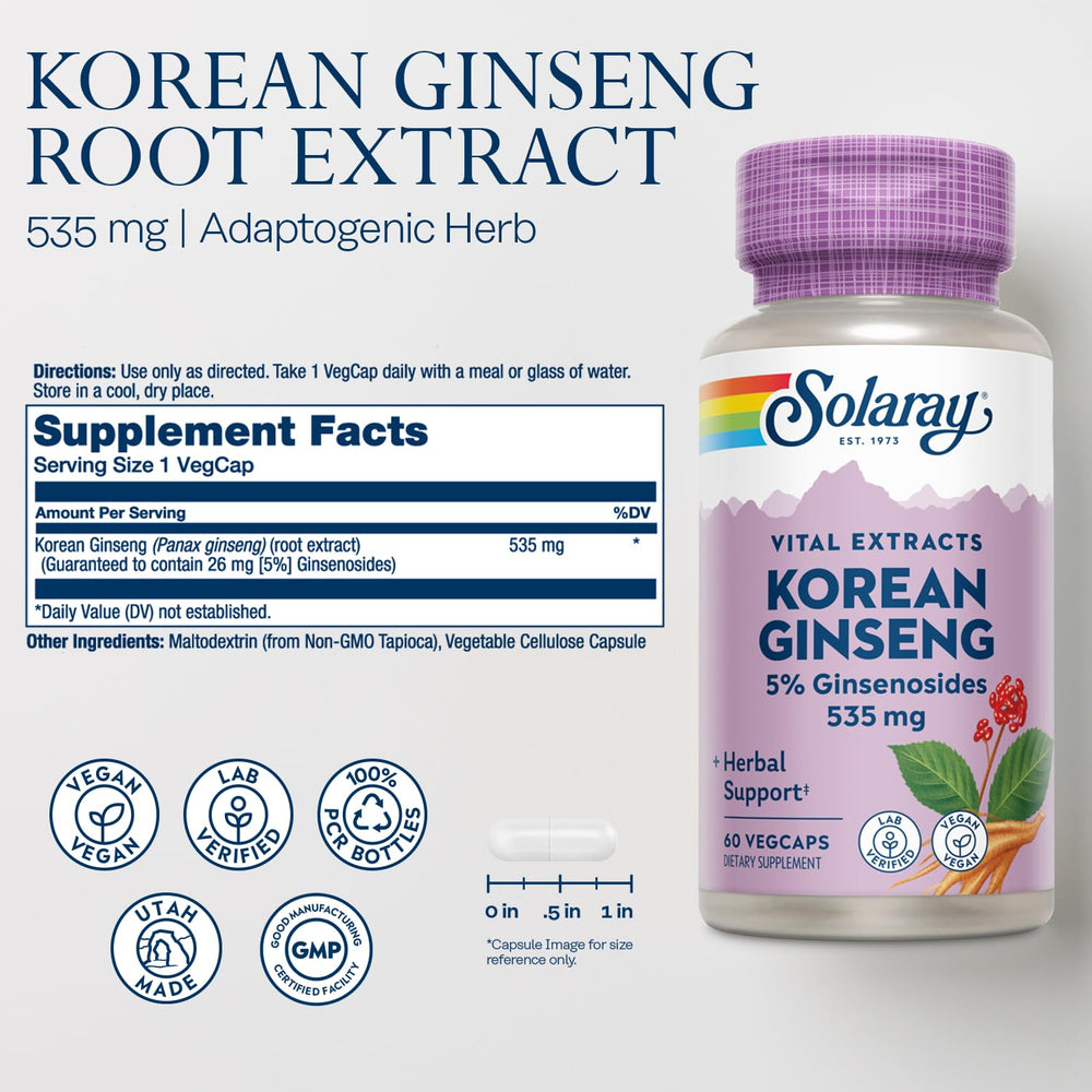 Close-up of SOLARAY Korean Ginseng capsules (60 VegCaps)