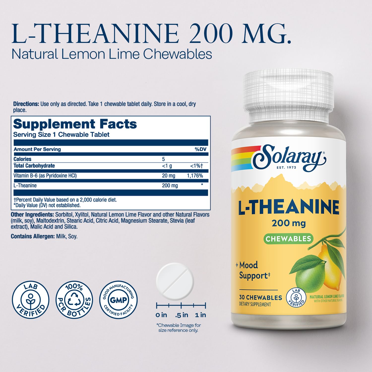 SOLARAY L Theanine 200mg lemon-lime chewables bottle close-up