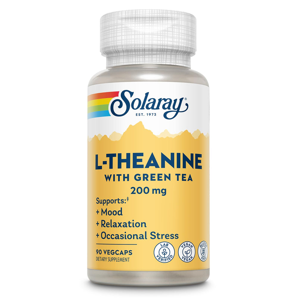 Bottle of SOLARAY L-Theanine 200mg with Green Tea and 90 VegCaps