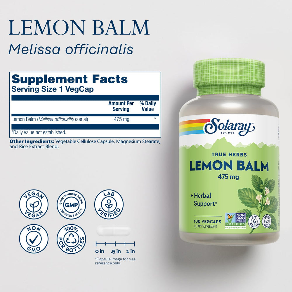 Nutrition facts label for SOLARAY Lemon Balm Aerial 475 mg