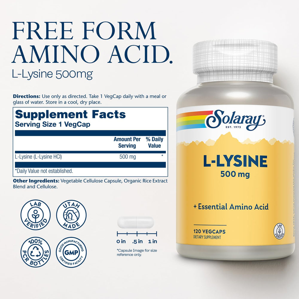Close-up of SOLARAY L Lysine 500 mg capsule bottle