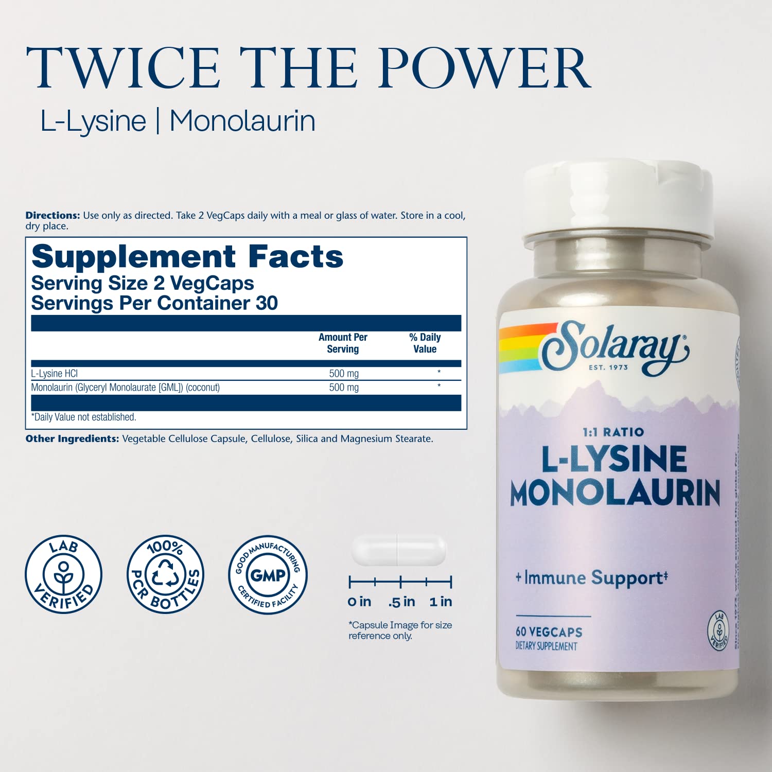SOLARAY L-Lysine Monolaurin Immune Support bottle – back label