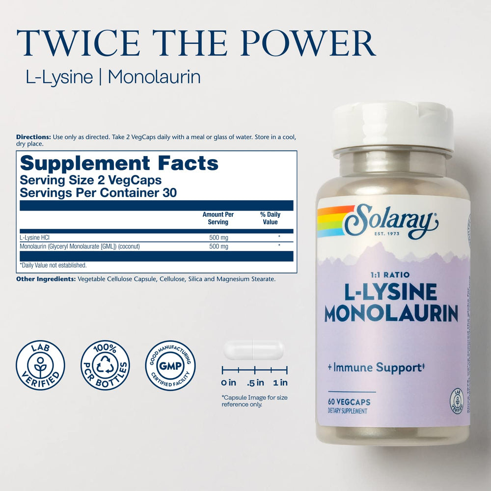 SOLARAY L-Lysine Monolaurin Immune Support bottle – back label
