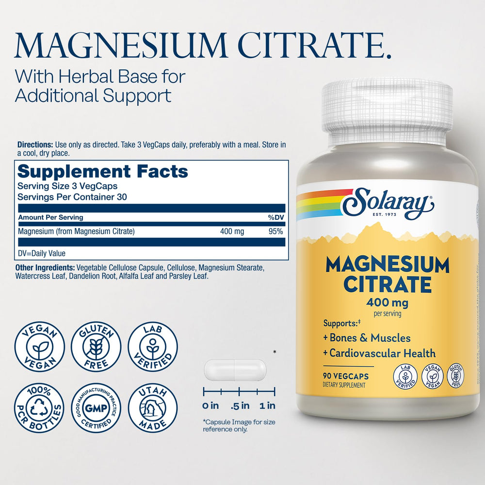 Close-up of Solaray Magnesium Citrate 400mg capsules