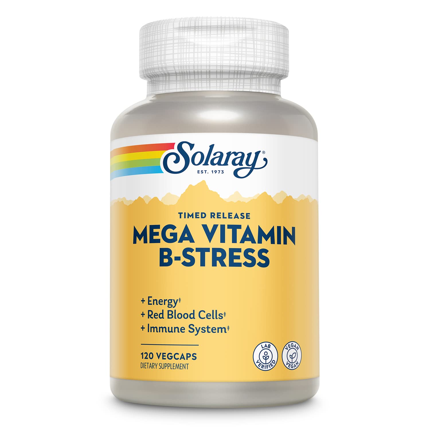 Front view of SOLARAY Mega Vitamin B-Stress bottle