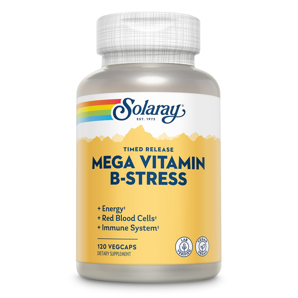 Front view of SOLARAY Mega Vitamin B-Stress bottle