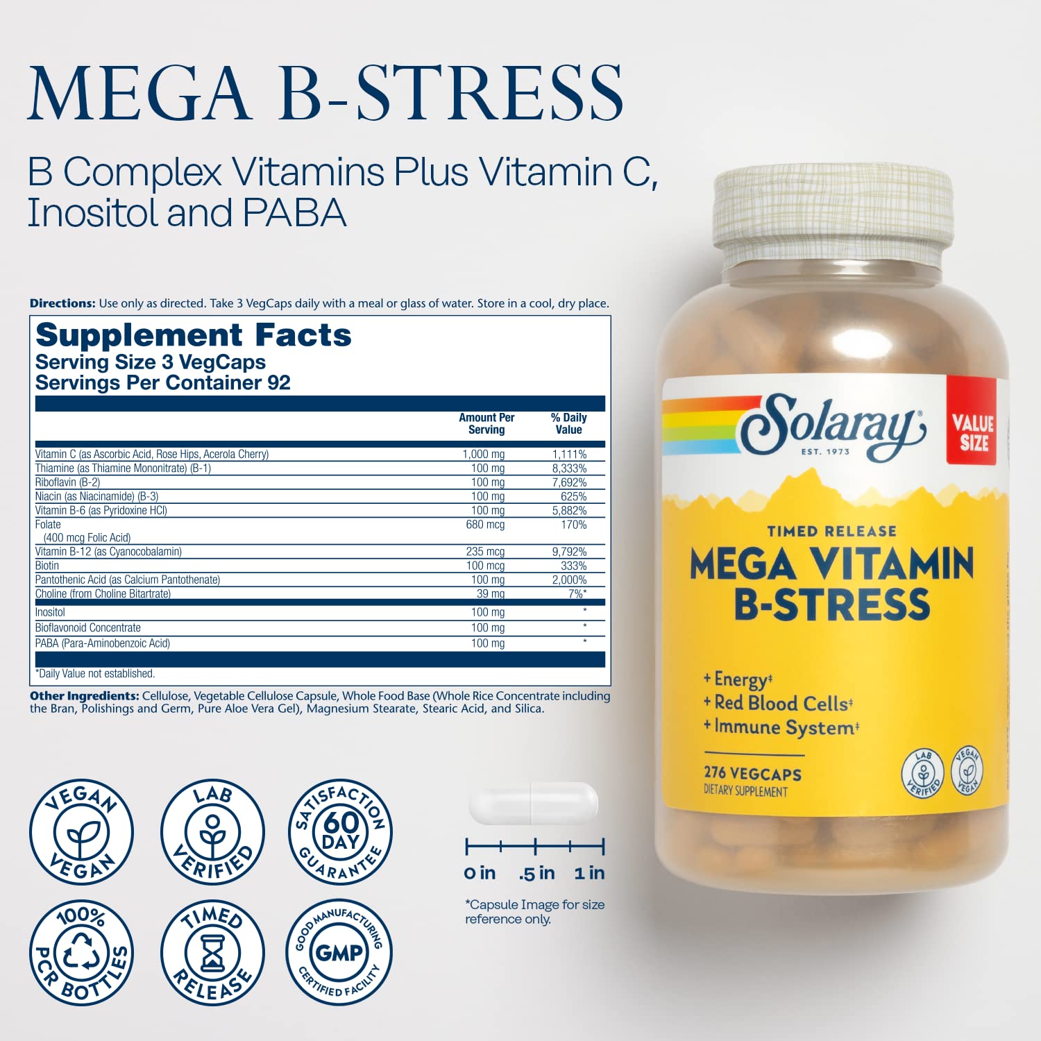SOLARAY Mega Vitamin B-Stress bottle label