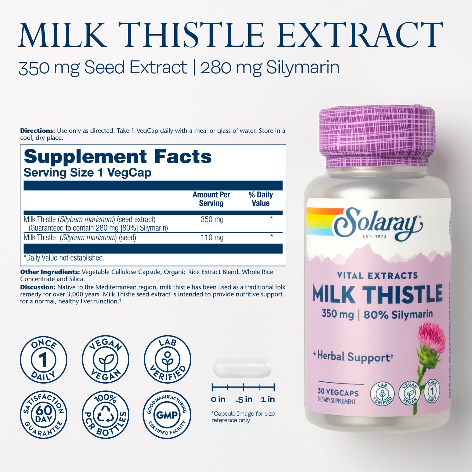 Close-up of milk thistle seed extract label showing 350 mg and 80% silymarin