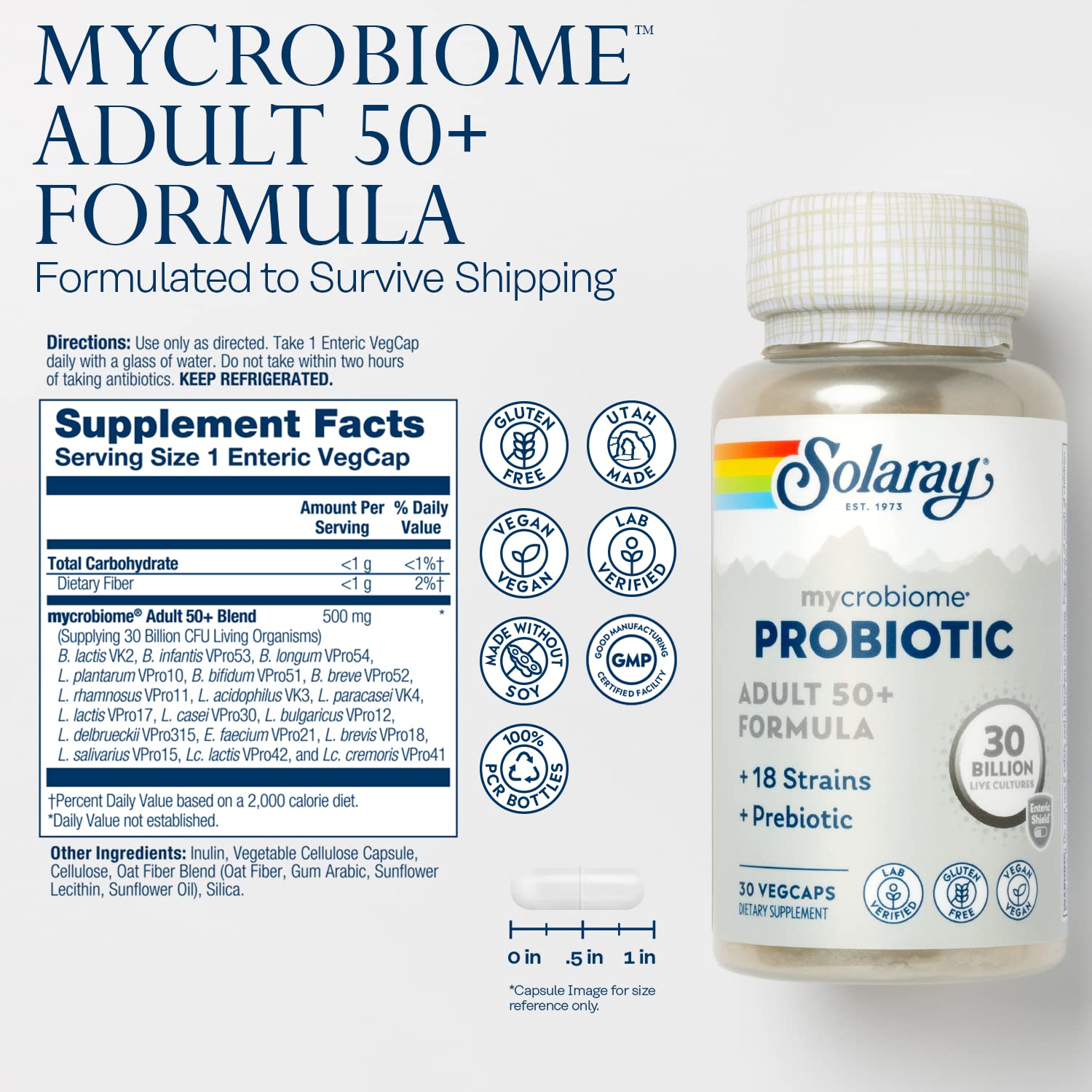 Close-up of SOLARAY Mycrobiome Probiotic 50+ capsules