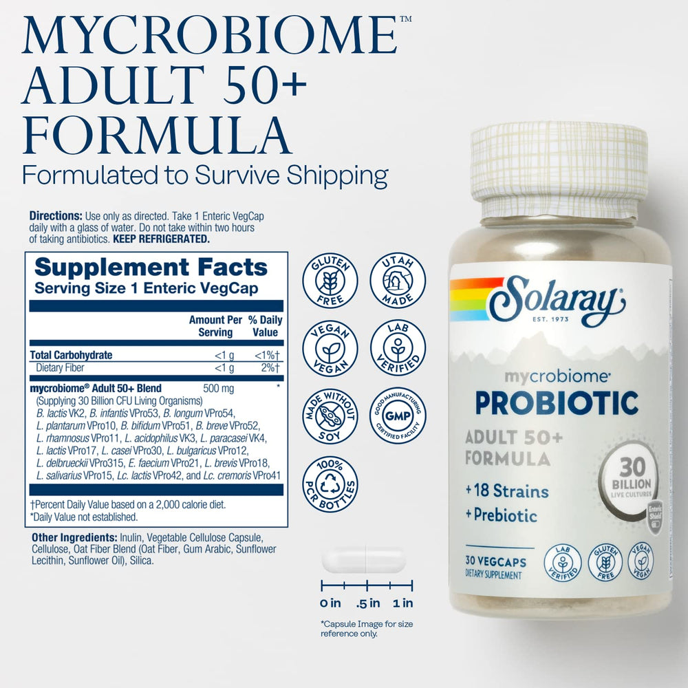 Close-up of SOLARAY Mycrobiome Probiotic 50+ capsules