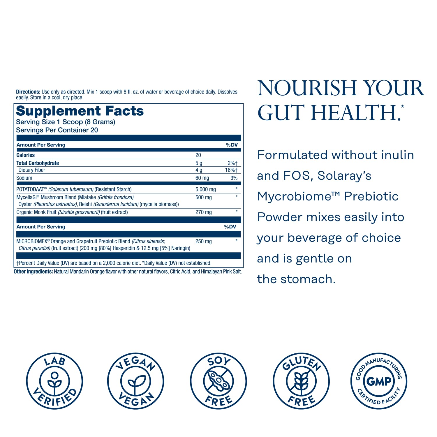Label showing ingredients for SOLARAY Mycrobiome Prebiotic Powder