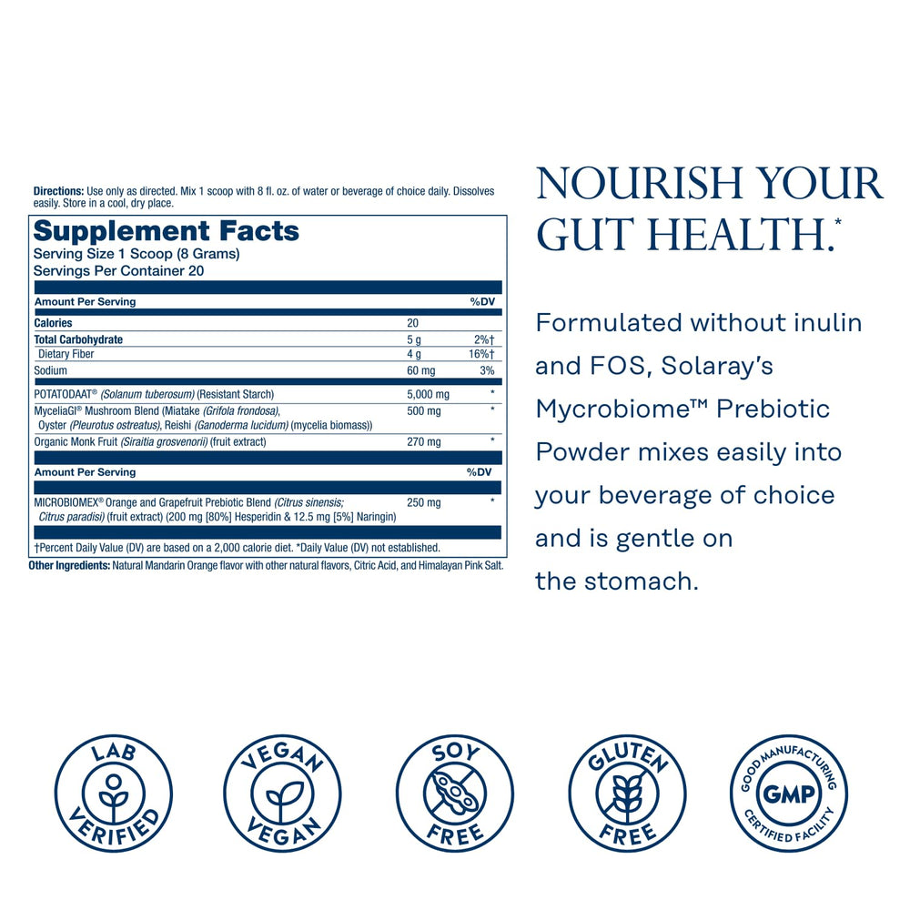 Label showing ingredients for SOLARAY Mycrobiome Prebiotic Powder
