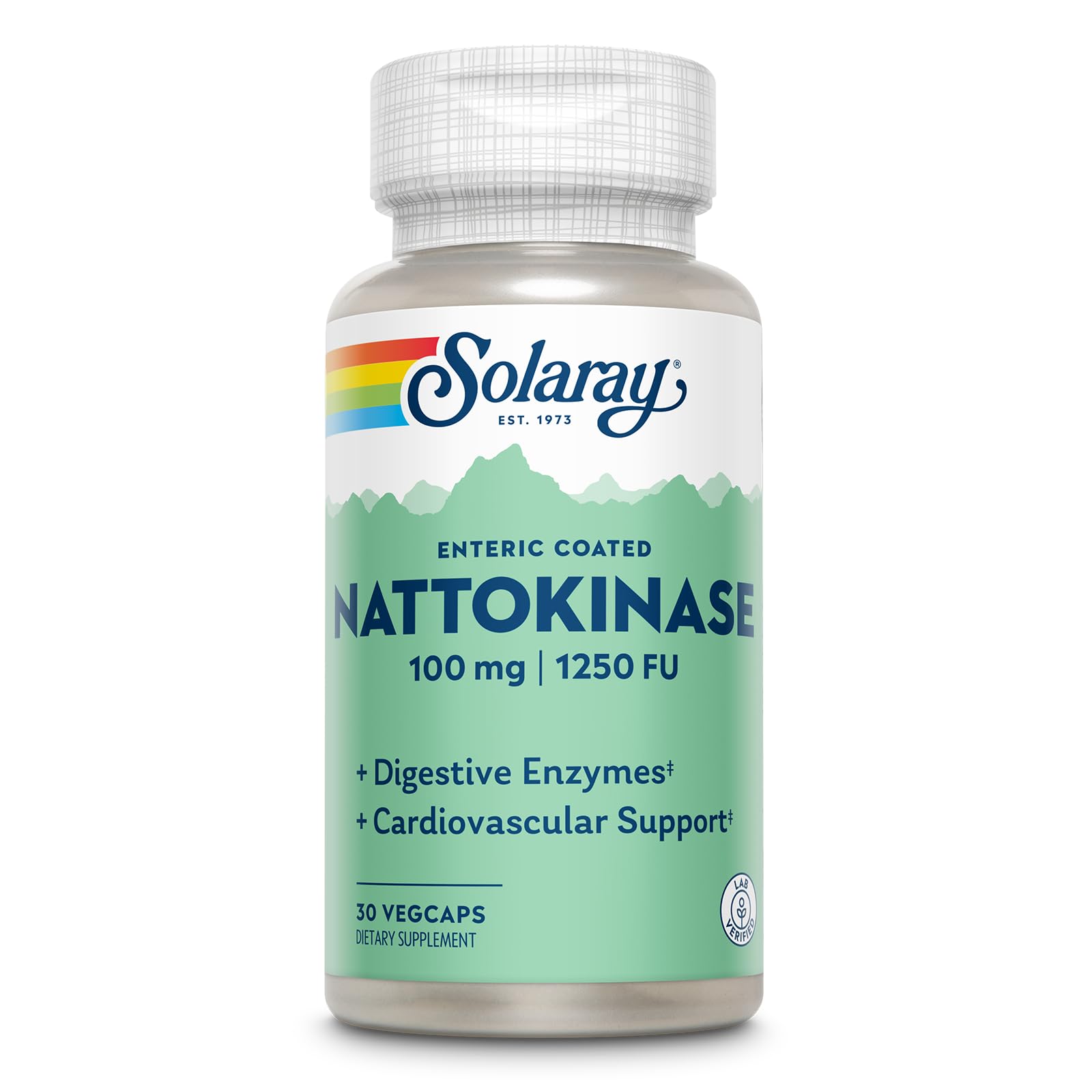 SOLARAY nattokinase bottle label with 100 mg nattokinase per capsule