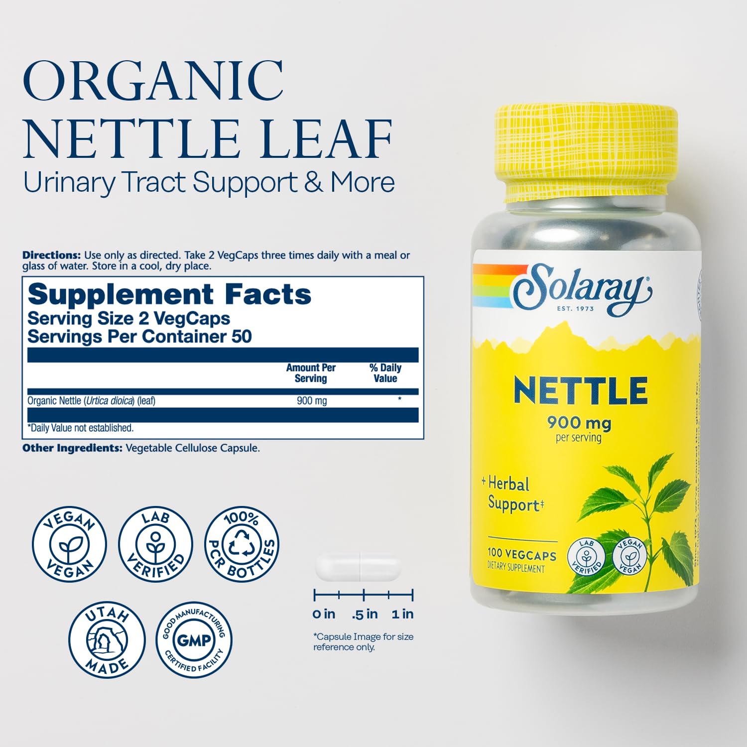 Nettle leaf vegan capsules next to bottle