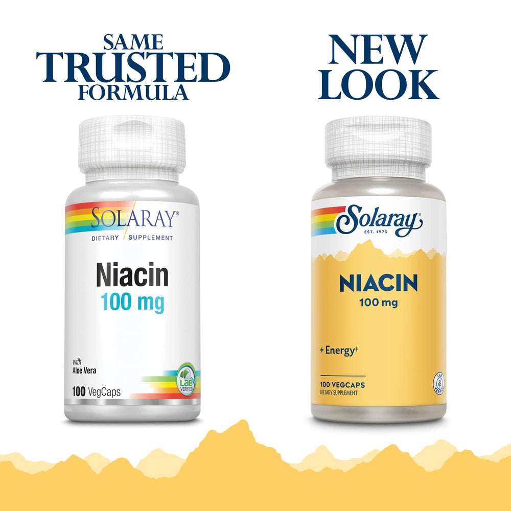 SOLARAY Niacin 100 mg packaging and bottle on white background