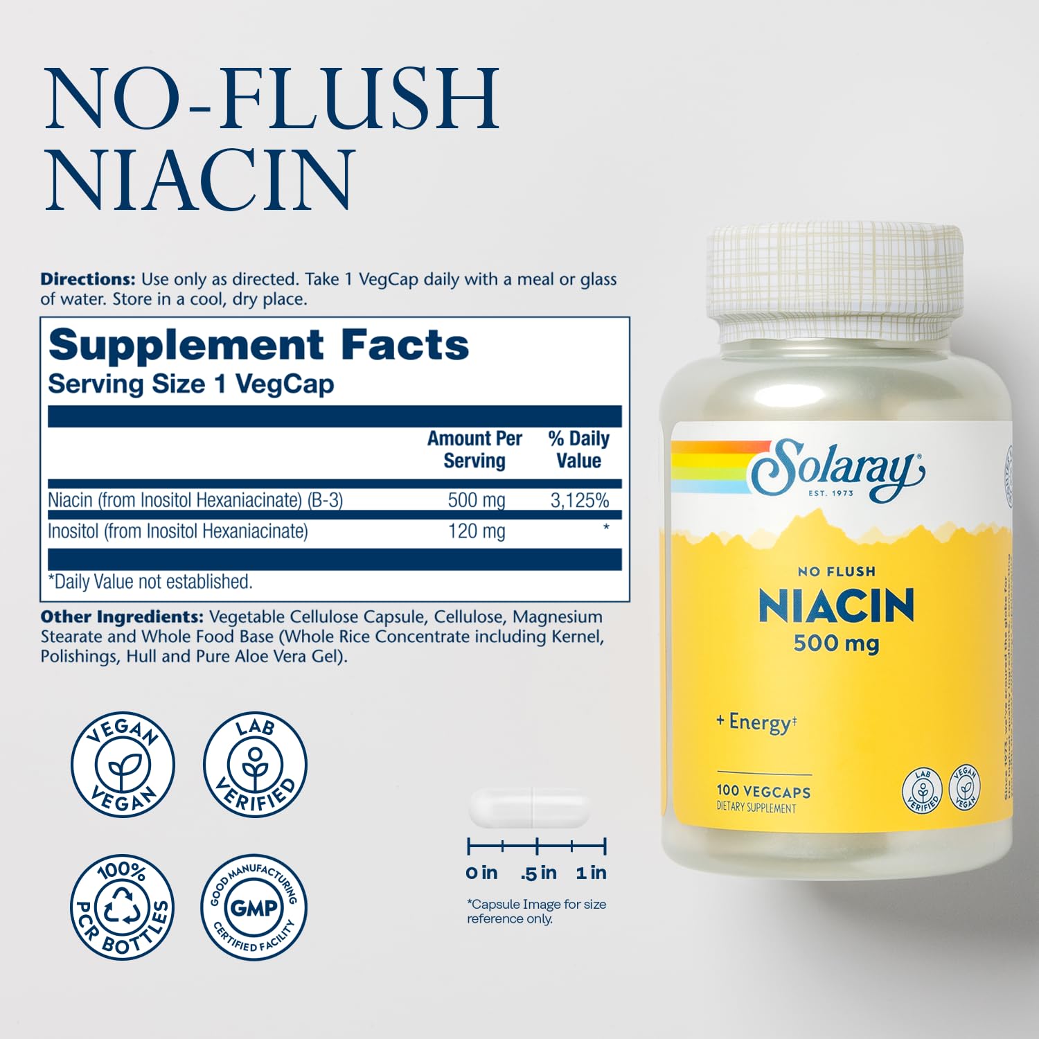 Close-up of SOLARAY flush-free Niacin 500mg VegCaps