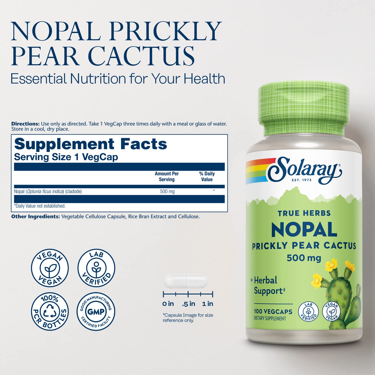 Solaray Nopal Prickly Pear 500 mg bottle label with supplement facts