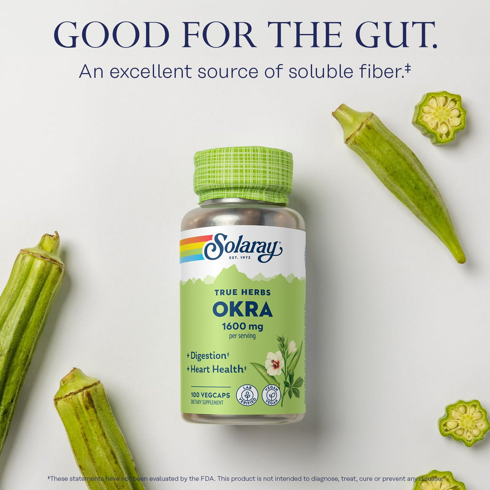 Capsules of SOLARAY Okra Fruit on white background