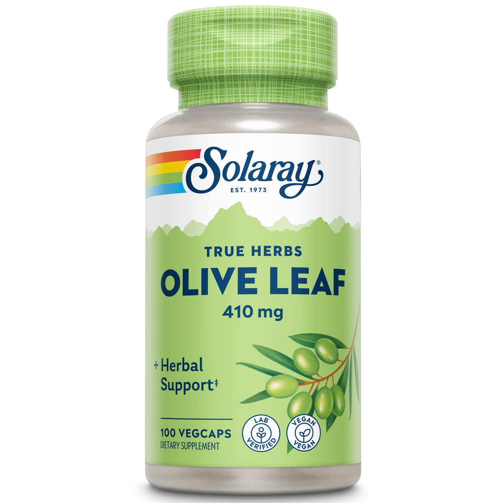 SOLARAY Olive Leaf Capsules bottle front view, 410 mg per capsule, 100 count