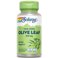 SOLARAY Olive Leaf Capsules bottle front view, 410 mg per capsule, 100 count