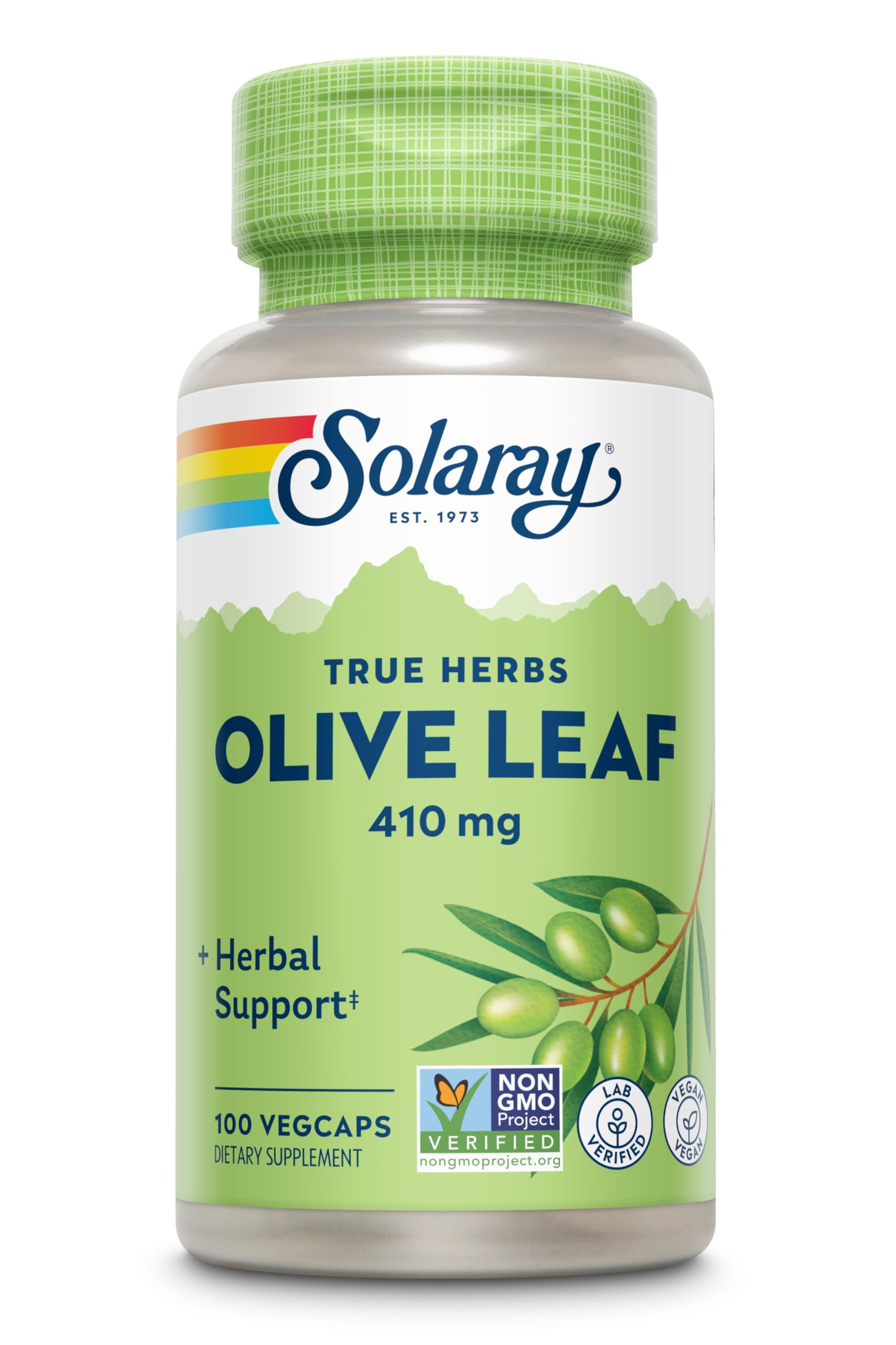 Close-up of SOLARAY Olive Leaf Capsules capsules and bottle label