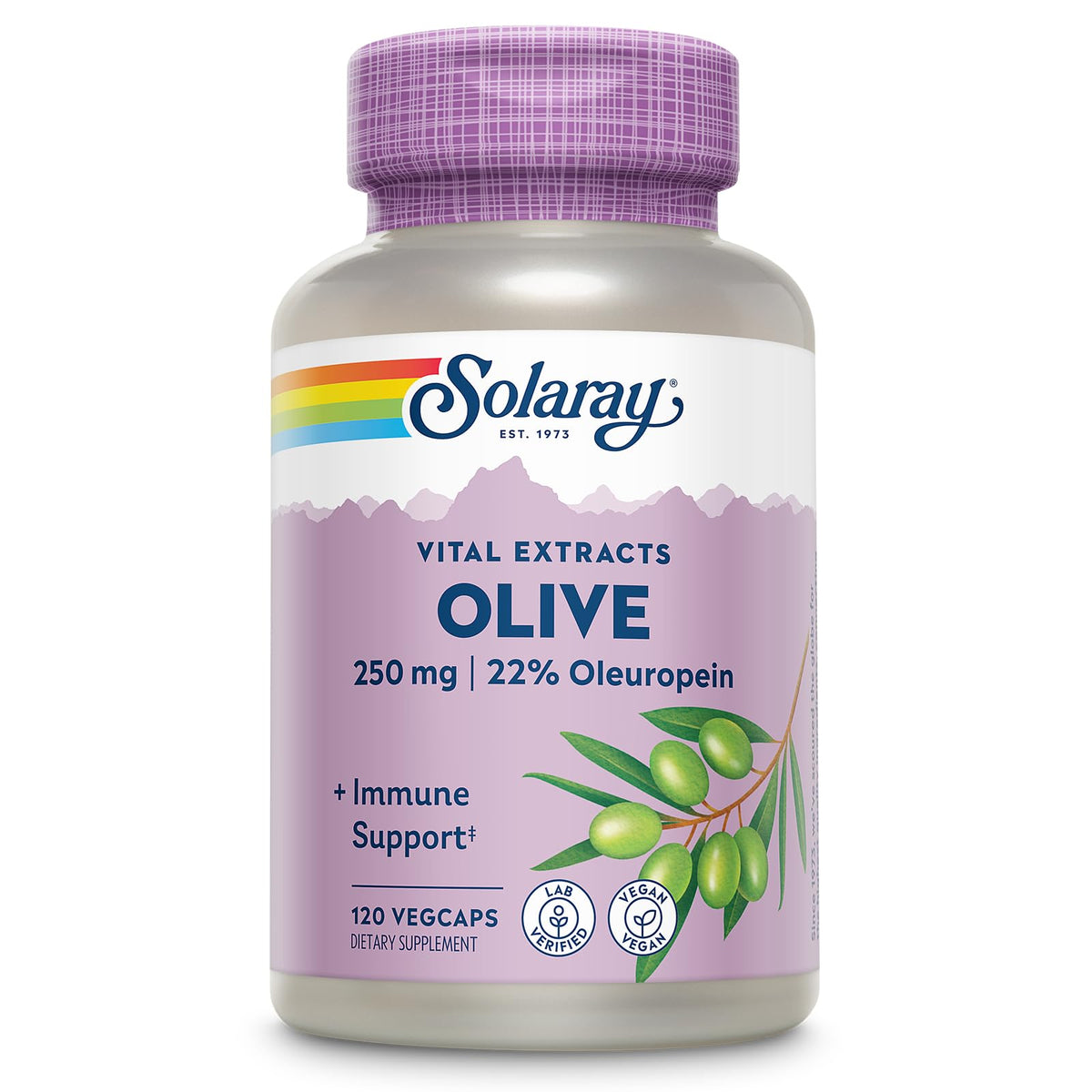 Bottle of SOLARAY Olive Leaf Extract Capsules with 250mg olive leaf extract and 22% oleuropein