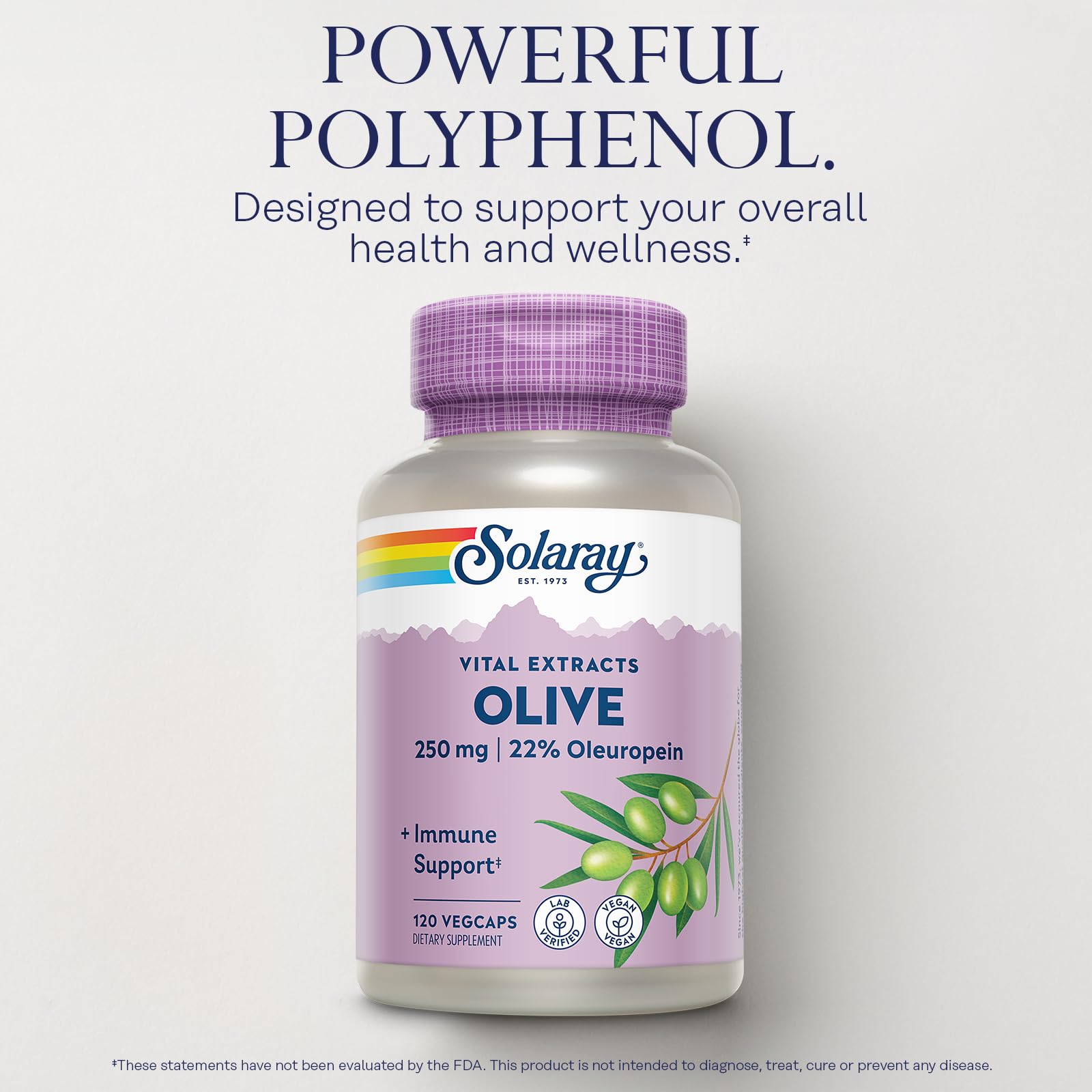 Vegan SOLARAY olive leaf capsules in bottle