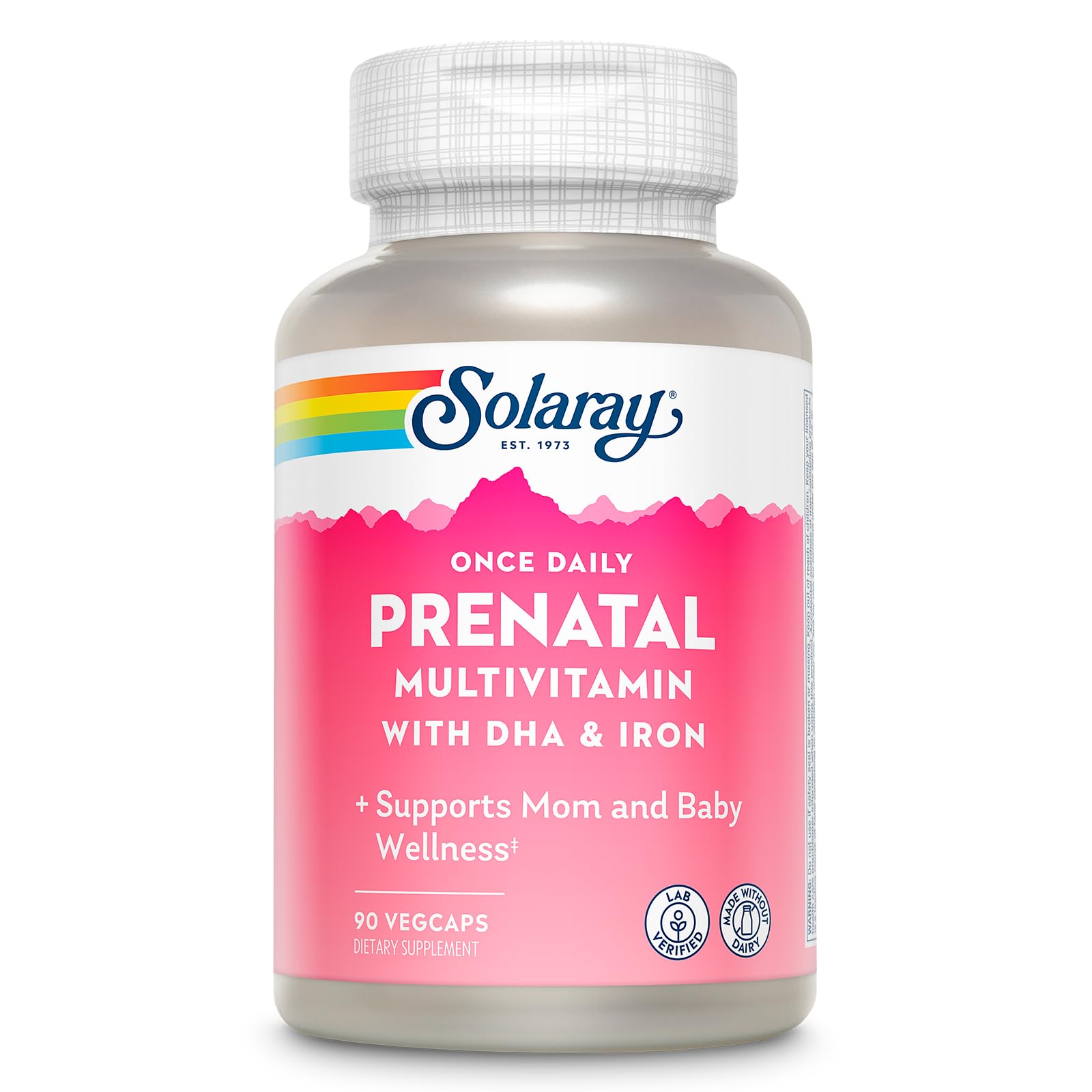 Front view of Solaray Once Daily Prenatal Multivitamin bottle with DHA & Iron